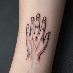 tiny handpoke tattoo of a simplistic female hand, doodle, sharpie, stick poke, lineart