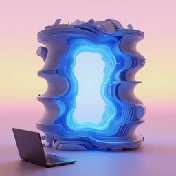 futuristic fantasy with chrono distortions and blue portal, at gentle dawn pink - yellow light, a computer rendering by agnes lawrence pelton, featured on polycount, computer art, rendered in cinema 4 d, octane render, rendered in maya