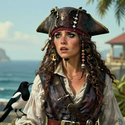 freckled mediterranean pirate girl, small bird black and white magpie, seaside backgroud, face of anxiety and longing, intricate, elegant, clean, well composed, highly detailed, assassin's creed iv, prince of persia, pirates of the caribbean, art by chengwei pan and viktoria gavrilenko and artgerm and greg rutkowski and alphonse mucha and josephine wall, trending on artstation
