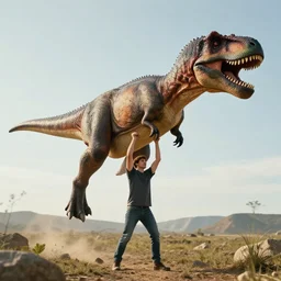 stock photo of a man lifting a dinosaur