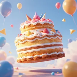 a giant floating cake and plenty of floating birthday balloons. digital art, highly - detailed, artstation cgsociety masterpiece