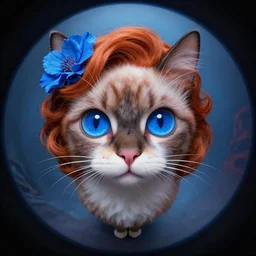 curved perspective, extreme narrow, extreme fisheye, digital art of a big blue eyes female cat with ginger hairstyle with blue flower in her hair by anton fadeev from nightmare before christmas