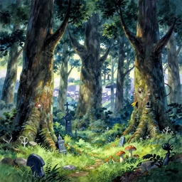 traditional gouache watercolor painting of deep fantasy forest wacky landscape with oversized giant trees, graveyard, small mushrooms in grass and city in far distance, with backlighting during summer sunshine by makoto shinkai miyazaki