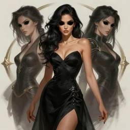 a highly detailed illustration of beautiful tan woman wearing black dress with black hole eyes, dramatic elegant pose, art by artgerm and greg rutowski and ilya kuvshinov, intricate, elegant, highly detailed, centered, digital painting, artstation, concept art, smooth, sharp focus, league of legends concept art, wlop.