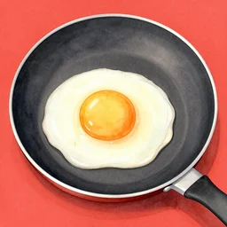 carefully prepared egg on a frying pan, kseniia yeromenko, rob duenas, watercolor, illustration, red background, highly detailed