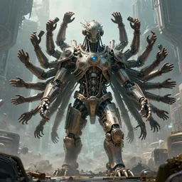 a giant mythical creature with thousands of hands coming out of it's body, hyperrealism, steam punk, cyborg, futuristic environment, trending on artstation, 4 k