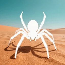 giant white spider image on an orange sand desert photograph with a bright teal sky, white spider silhouette overlay filling the frame, summer hot, filter photo