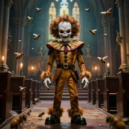 epic, cinematic lighting photography of the candyman being swarmed by bees while standing in a church