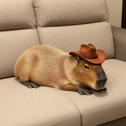 expressive capybara with a minature brown cowboyhat lying down on a couch, light on camera right below the eyeline, wide shot