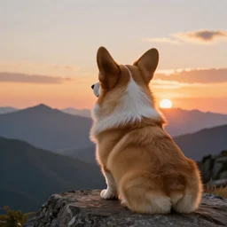colossal corgi looking at the sunset over mountains, artwork by raphael lacoste, epic, cute