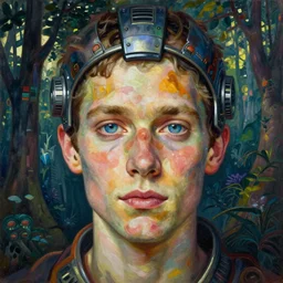 realistic detailed face portrait painting of olexesh with sci-fi headwear, futuristic sci-fi forest on background by Jean Delville, Amano, Yves Tanguy, Alphonse Mucha, Edward Robert Hughes, Roger Dean, rich moody colours, blue eyes