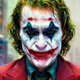 abstract portrait of the joker 2 0 1 9 in gears of war, city in the background, the joker 2 0 1 9, studio lightning, beautiful face and eyes, rule of thirds, face symmetry, colourful spray paint splatters, expressive, fine art, by greg rutkowski, by jeremy mann, by francoise nielly, 4 k, 8 k, uhd, correct body proportion