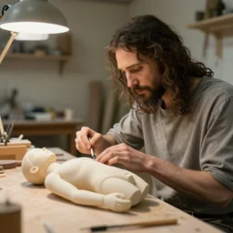 jesus in a workshop assembling a human being