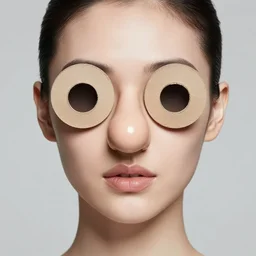 glamorous woman with a bulbous spherical prosthetic nose, circular cardboard eyes, 1 9 7 7, color, wide - shot 1 6 mm film, in a park