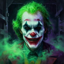 a close - up view portrait of a lone clown, brutalist dock halls with green alien fog, close - up view, detailed textures. glowing green purple fog, dark black background. murder poison skull face, highly detailed fantasy science fiction painting by moebius, norman rockwell, frank frazetta, and syd mead. rich colors, high contrast