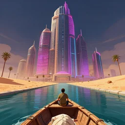 a man in a makeshift boat traveling the wide canal towards a massive brutalist neon lit skyscraper in a desert wasteland in the style of Rob Lefield and Ralph McQuarrie, Daniel Merriam :.1, trending on artstation, digital art, third person perspective, viewed from below, looking up, wide angle, establishing shot
