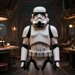 a stormtrooper standing in a cantina in Mos Eisley, octane, hd, 8k, rich deep moody colors, dramatic lighting