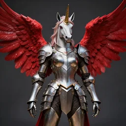 girl hybrid unicorn horn and red wings, full body metallic armor, ultrarrealistic, cinematic lights, high detail, fantasy classic digital art, mucha