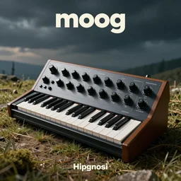 moog modular synthesizer, color album cover art by Hipgnosis