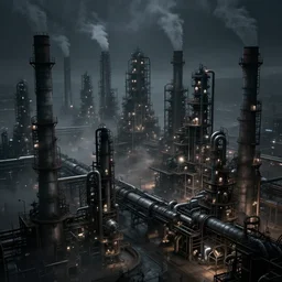 futuristic dystopian, endless industrial megafactory complex, smokestacks, pipelines ducts vents, matte painting, smoke, fog, night, gloomy, dark, dramatic, cinematic, volumetric lighting, elevated view