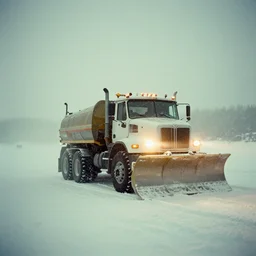 photo, big snow plow truck is in the distance with a bright headlighta. cold color temperature, snow storm. hazy atmosphere. humidity haze. kodak ektachrome, greenish expired film, award winning, low contrast,