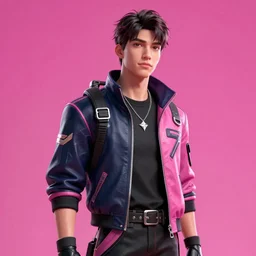 full view portrait view high quality render realistic high detail cinematic digital concept art of a young man dressed in stylish future clothing with face visible by artgerm and greg rutkowski and marc simonetti, artstation, vibrant colour, blank background, valorant, fortnite