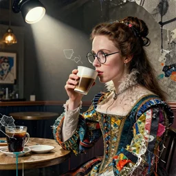 an elizabethan girl from london with wearing glasses, drinking coffee in a coffee shop, side portrait, passionate, spotlight, dramatic, paint drips, textiles, collage, mixed media, paint splatter, scraps, vibrant colors, futuristic clothing, beautiful eyes, broken glass, by marco paludet, by jeremy mann, by hannah hoch