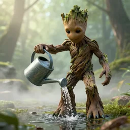 photorealistic wide shot of groot watering his feet with a watering can inspired by Giger, octane render, unreal engine 4k, volumetric light, fog, detailed