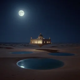 the only building hovering over a deserted oasis on a moonlit night in the style of peter merzbacher and jacek yerka, vague picturesque illumination of three - dimensional water bodies