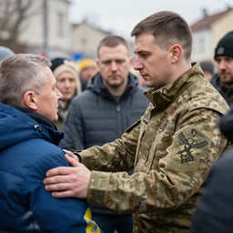 a canadian soldier helping citizens in ukraine, 4 k, high detail, high - resolution photograph, professional photography, ultra - detail
