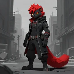 red fursona longtail stoat | raytracing | urbanscene coalpunk masculine fursona black