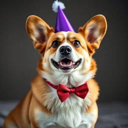 a corgi wearing a purple party hat and a red bowtie, cinematic, dramatic, photography, ultra - hd