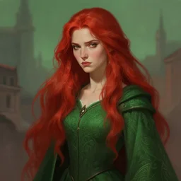 long red hair mage, portrait, gentle, scowl, cloth, female, city background, d & d, fantasy, intricate, elegant, digital painting, red green color palette, artstation, octane render, concept art, matte, sharp focus, illustration, herrarthstone, art by artgerm and greg rutkowski and alphonse mucha