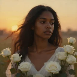 oil painting close up portrait of a contemplative young black woman with long dark flowing hair in a white dress, surrounded by white roses!! at sunset, hazy, digital art, chiaroscuro, artstation, cinematic, golden hour, digital art painting by greg rutkowski, william - adolphe bouguereau, hazy atmosphere, cinematic lighting