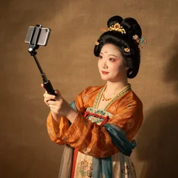 the Chinese ancient painting of a lady using selfie stick in Tang Dynasty , by Han Xizai