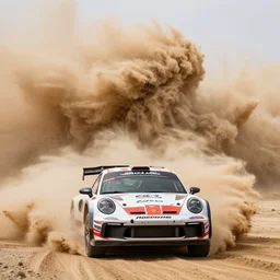 rallye porsche in front of the camera, massive sandstorm which looks like extremely huge wave in background, wide lens