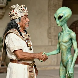 old photo of a mayan leader shaking hands with aliens