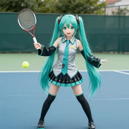 photo of hatsune miku in real world playing tennis