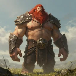 a highly detailed portrait of a massive epic fantasy giant man with red hair and beard standing in a field concept art