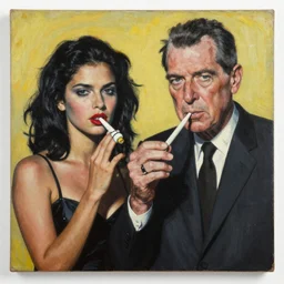Morena Baccarin and Richard Nixon doing Heroin by Andy Warhol, oil on Canvas, fine details, 4K Studio photo