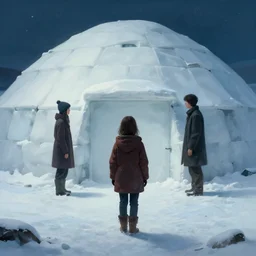 young girl back to us in front of an igloo in the tundra,, mysterious matte painting by ruan jia and craig mullins, trending on artstation
