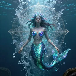 a render of an ancient futuristic ethereal mermaid with digital modifications surrounded by a underwater ink pour and flowing liquid gallium and complex sacred geometry, powerful, cinematic, beautifully lit, perfect face, by beeple, by artgerm, by karol bak, by brian froud, 3 d, trending on cgsociety, octane render, 8 k