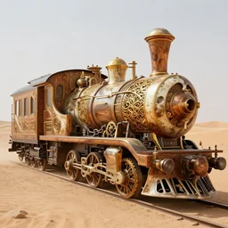wide - angle hyper realistic concept art of an ancient intricate futuristic train made of metallic bone carved with burned wood and gold details in the desert, ornate, mechanical, gears, volumetric lighting, hyper realistic, extremely detailed, elegant, sharp focus