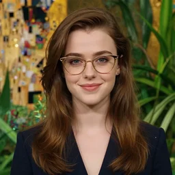a portrait of young female asa Butterfield mixed with pam beesly, a slight smile, wearing gold colored cat-eye glasses, surrounded by plants, by gustav klimt