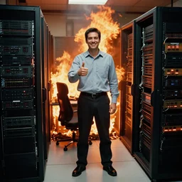 a photo of a smiling system administrator doing a thumb up to the camera in front of burning data center in flames in the background, 35mm, full body shot, press photo