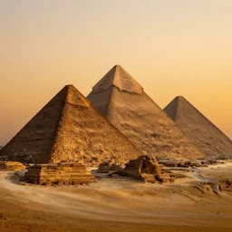 4 k hd, high detail photograph of egyptian pyramids at sunset, shot with sigma f / 4. 2, 2 5 0 mm sharp lens, wide shot, consistent, volumetric lighting, high level texture render