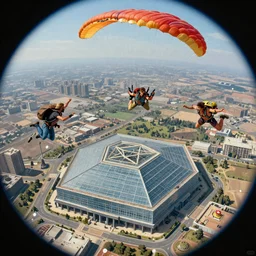 An epic fantastic realism comic book style painting of hippies skydiving over the pentagon on acid, fisheye lens, unreal 5, DAZ, hyperrealistic, octane render, dynamic lighting