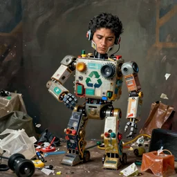 a realistic photo of a latin american recycler making a complex robot with materials of the retro garbage left by people from their daily consumption, dystopic and utopic conceptual art ( variation )