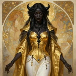 Full Portrait of a Holy Necromancer, black female, visible face, beautiful, golden robes, white pants, exquisite black accessories, golden corset, highly detailed, smooth, sharp focus, digital painting, illustration, fantasy, by Krenz Cushart and Artem Demura and alphonse mucha, artstation, cgsociety