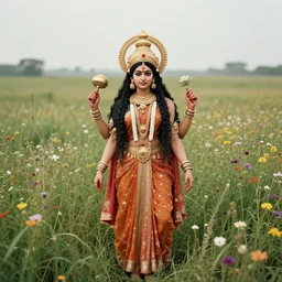 mystical hindu goddess kaali standing in tall meadow of flowers, distant, ww1 film photo, grainy, high detail, high resolution